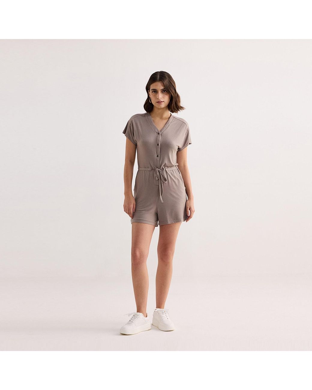 REISTOR Brown V Neck Drawstring Knit Romper