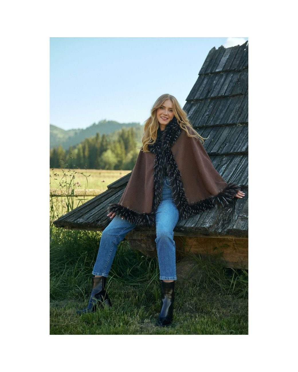 Saachi Brown Shaggy Faux Fur Cape Kimono