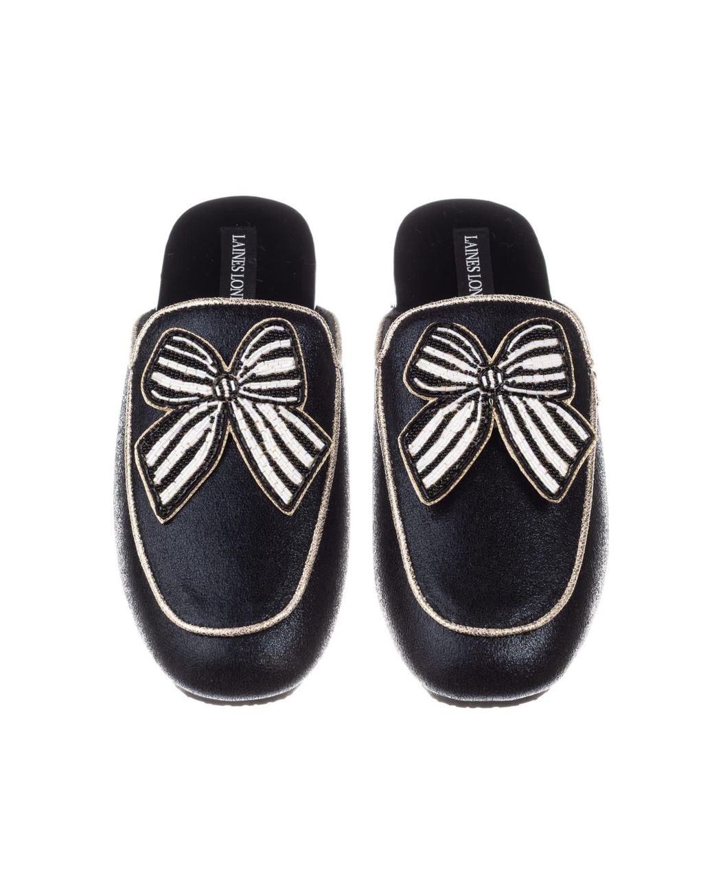 Laines London Black Classic Mules With Stripe Bow Brooches