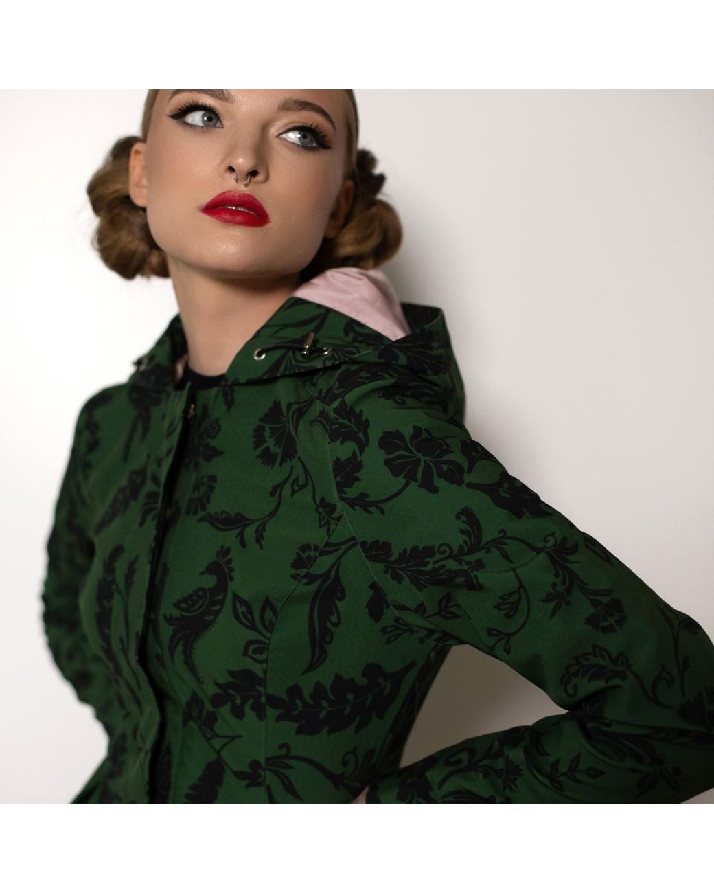 RainSisters Dark Green Hooded Waterproof Coat For Women: Forest Flower
