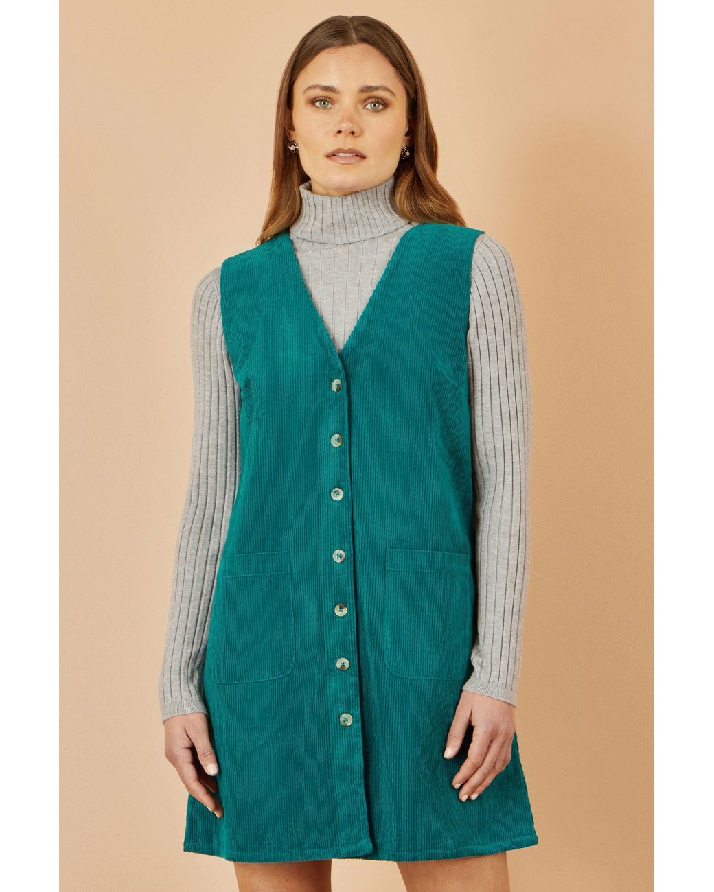 Yumi' Blue Cord Button Through Pinafore Dress With Pockets