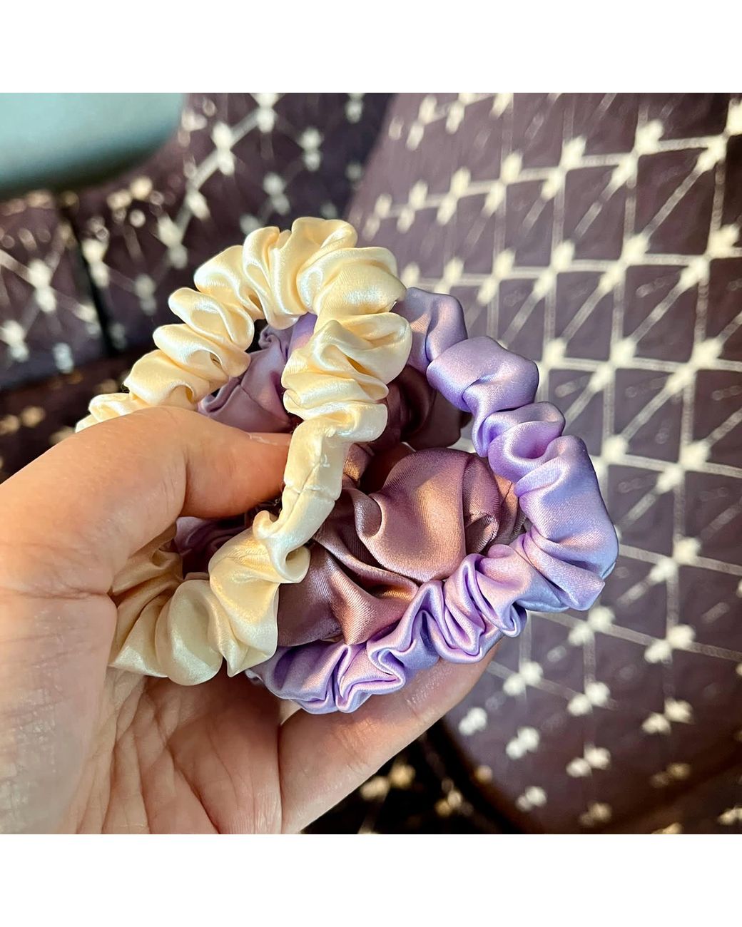 Soft Strokes Silk Multicolor Set Of Three Pure Mulberry Silk Mini Scrunchies Weekly Special Hair Ties Hyacinth Bouquet