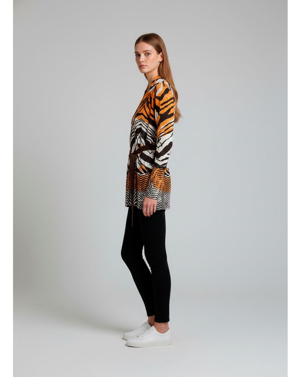 Conquista Multicolor Belted Animal-Print Cardigan With Open Front