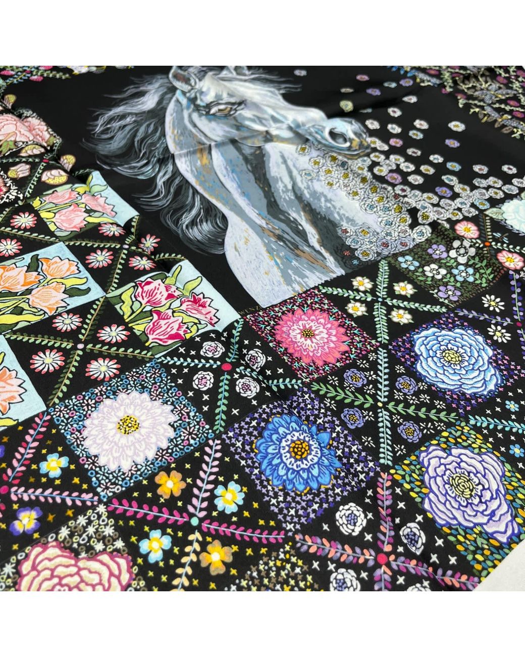 Wenzi Blue The Starlit Rider Hand Painted Pattern Double Sided Silk Twill Scarf
