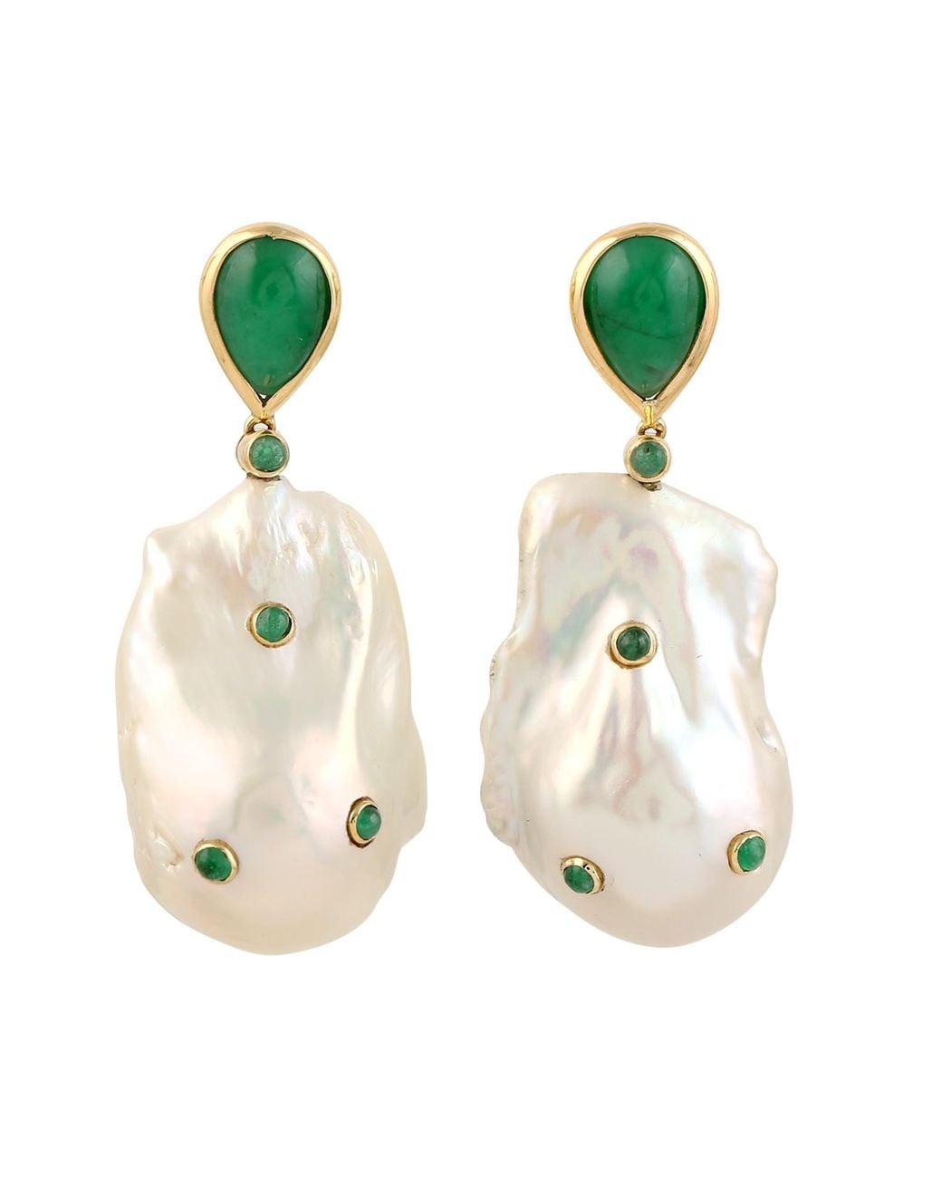 Artisan Green Natural Pearl & Emerald Pear Shape 18k Yellow Gold Dangle Earrings