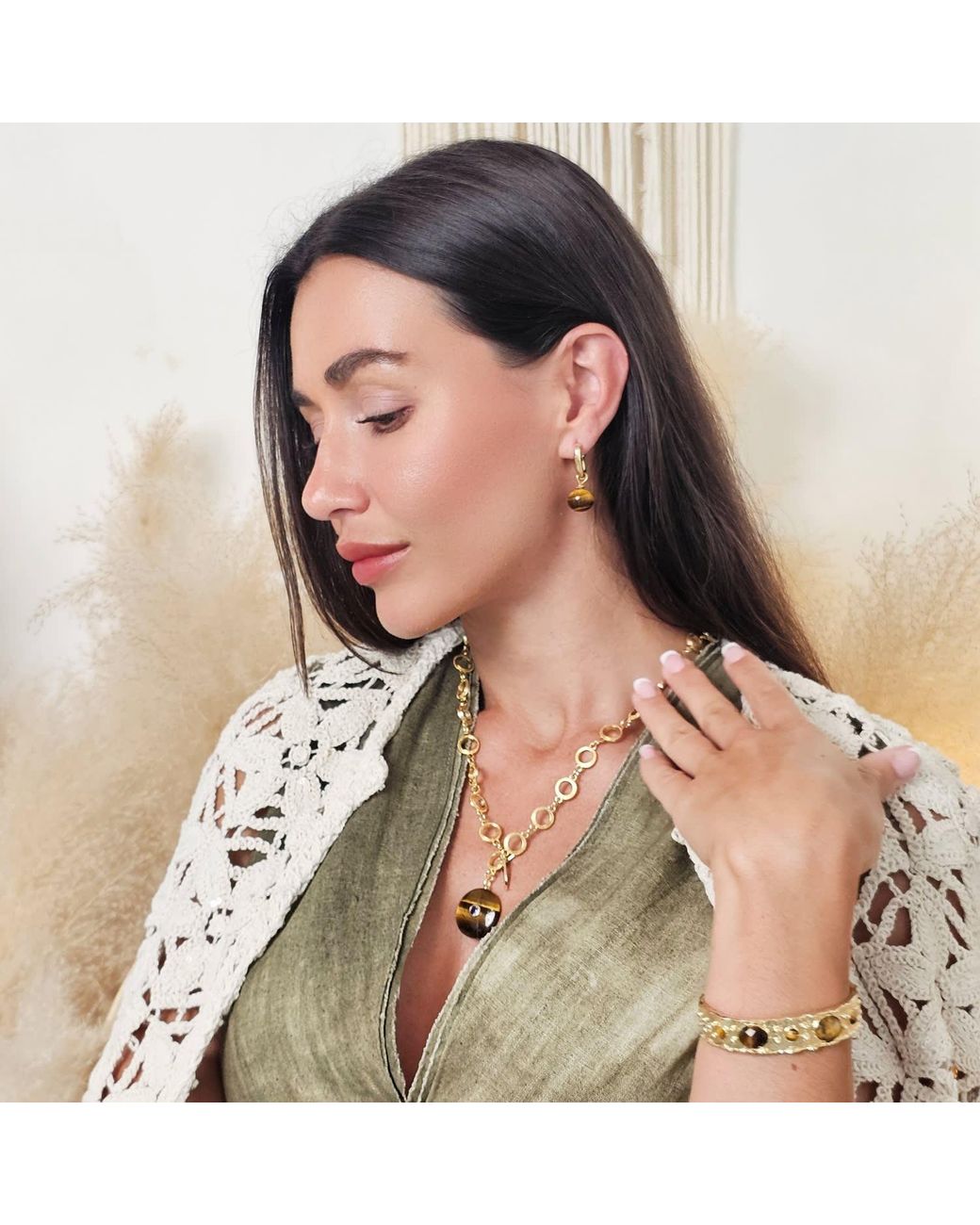 Farra Metallic Tiger Eye Stone Pendant Y-Shaped Necklace