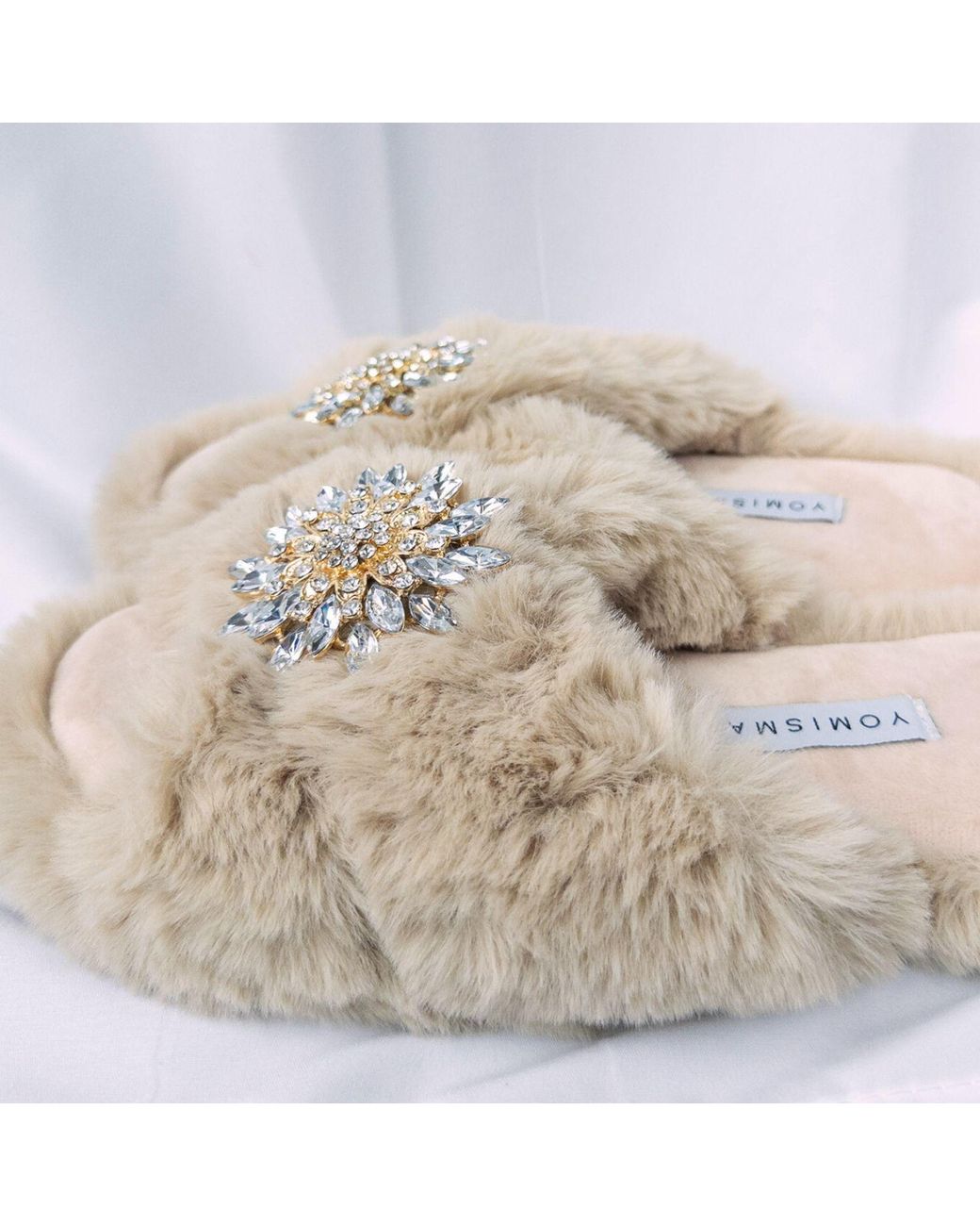 Yomisma Natural Neutrals Eco Faux Fur Slippers – Recycled Faux Fur + Clear Brooch Embellishment