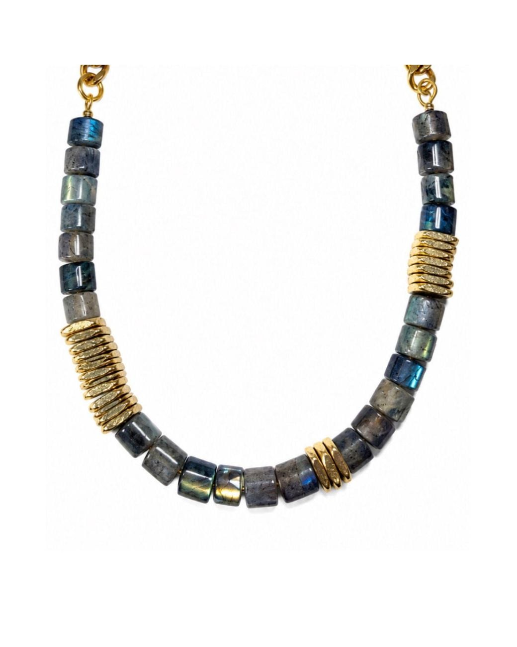 Rachel Nathan Metallic Labradorite Barrel & Brass Heishi Necklace