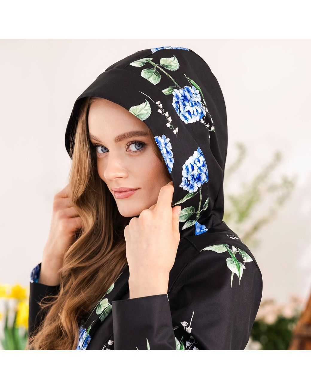 RainSisters Black Floral Trench Coat: Flower Moon