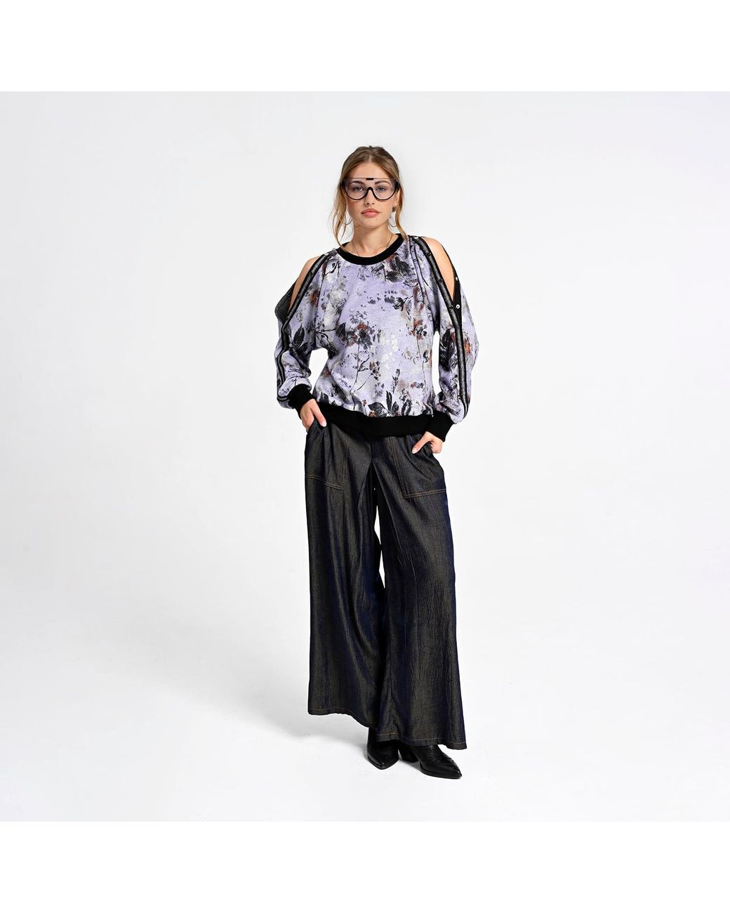 Lalipop Design Blue Floral Print Sweatshirt With Snap-Button Shoulder Detail