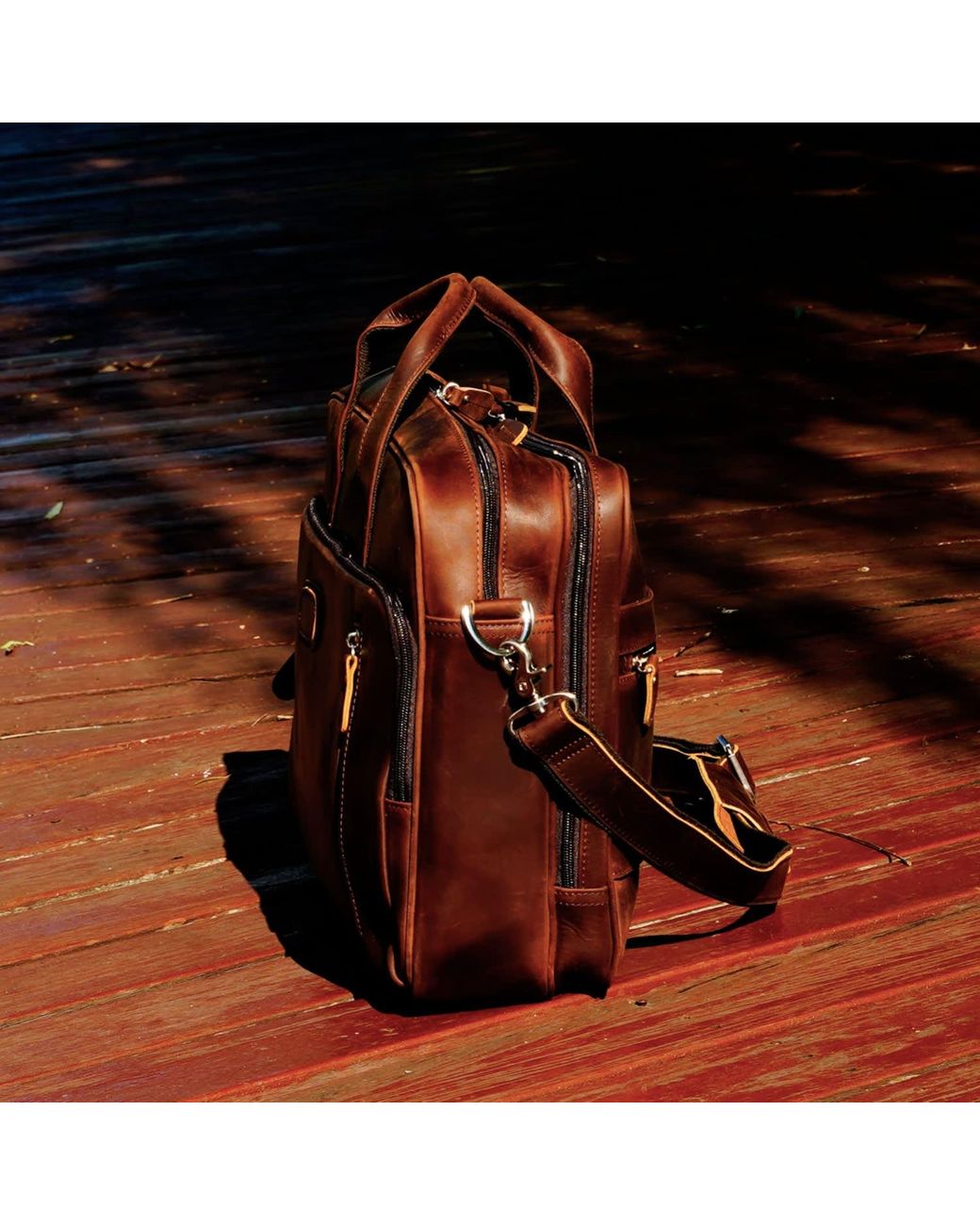 Touri Brown Genuine Leather Briefcase With Front Leather Patch for men