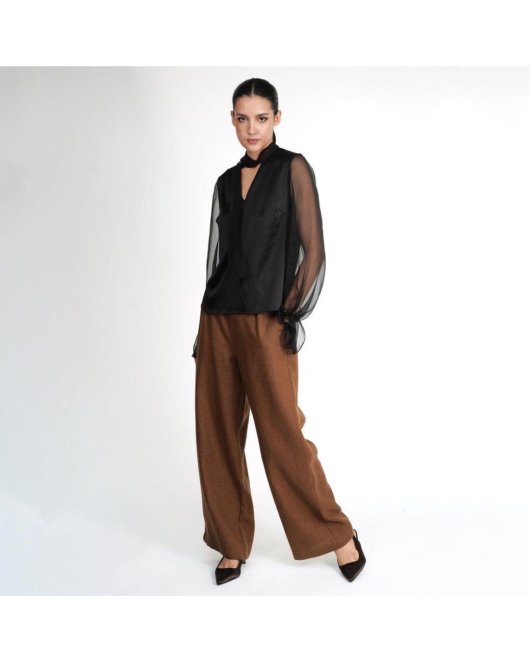 Gunda Hafner Ltd Black Silk Blouse With Sheer Sleeves