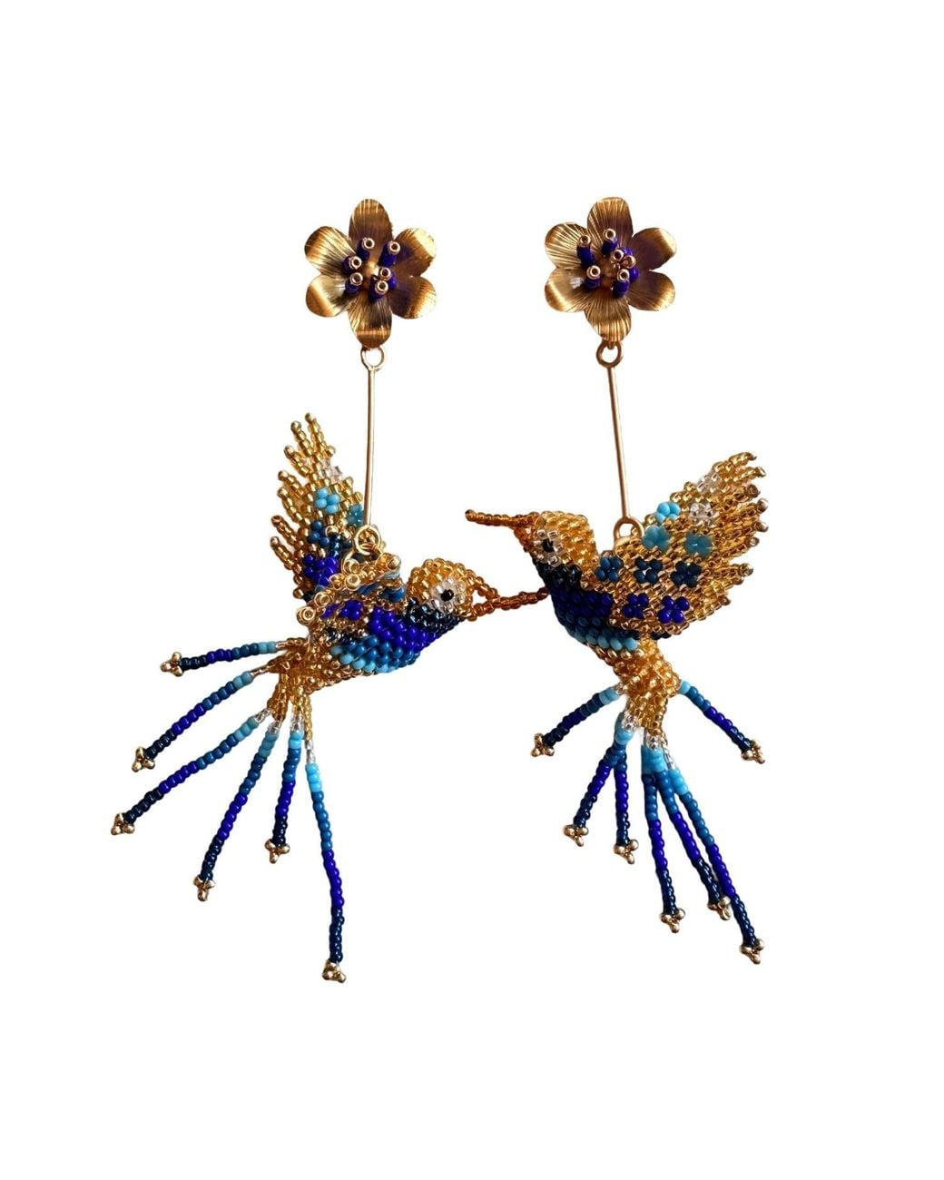 Iliana Arrazola Blue Hummingbird Dangle Earrings, Glass Beads, Beaded Jewelry