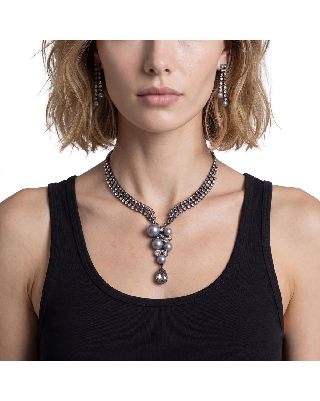 Modenaire Metallic Pearl Crystal Trickling Necklace And Earring Set
