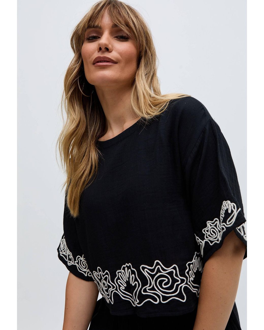 Raffya Black Milly Embroidered Split Open Back Blouse