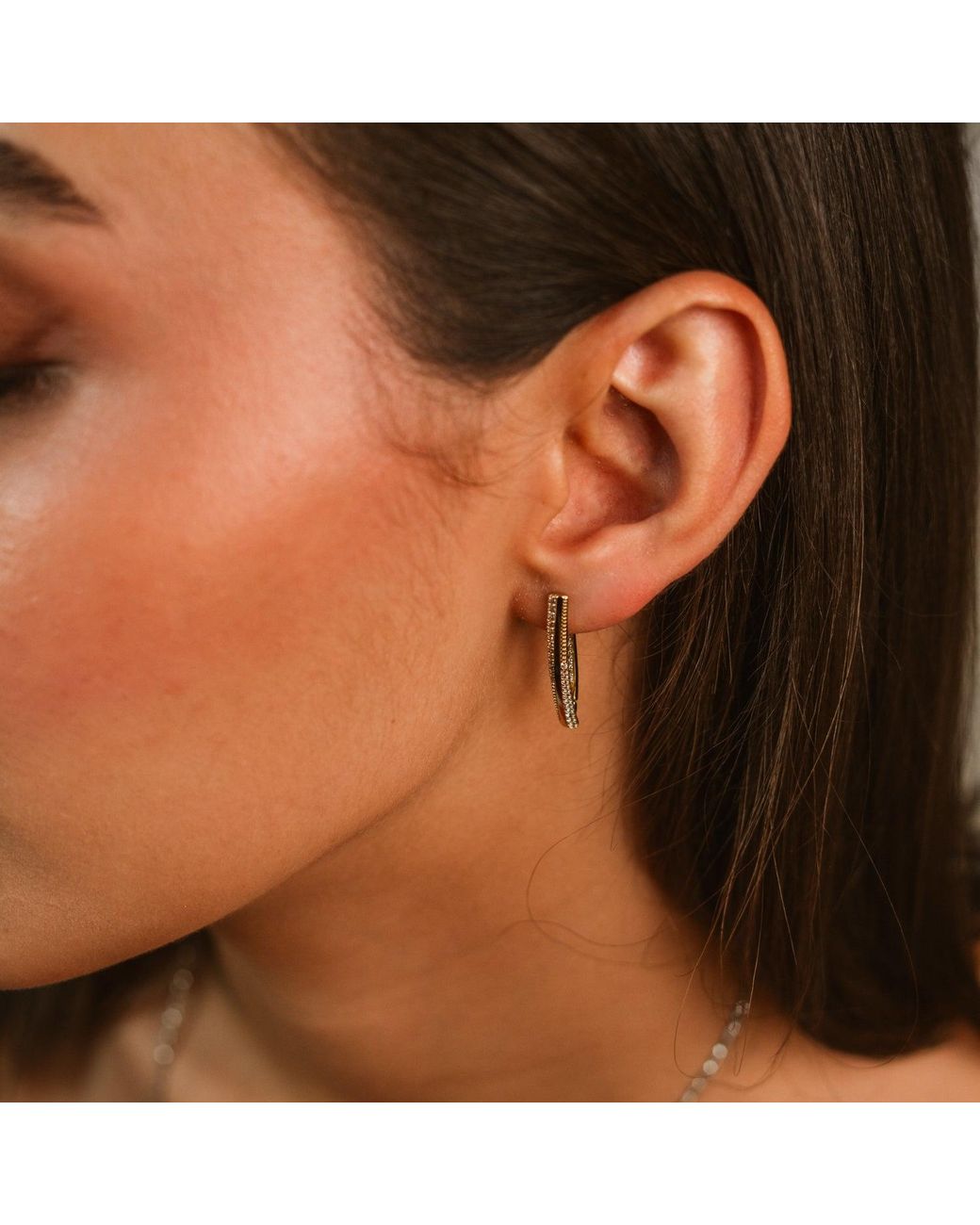 Ebru Jewelry White Twisted Double Row Zircon Hoop Earrings