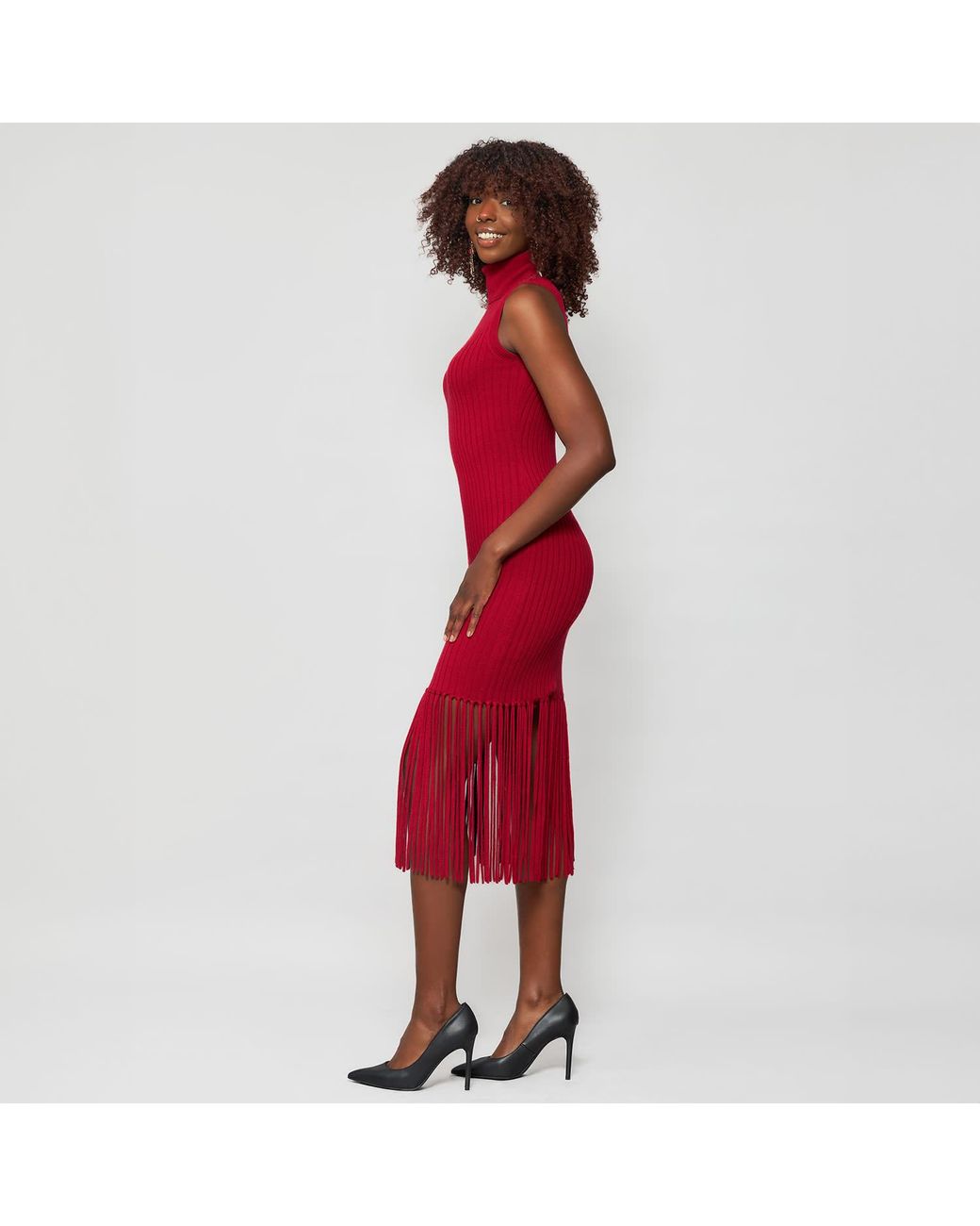 Solgo Atelier Red Elleann Turtle Neck Color Blocking Cashmere Dress