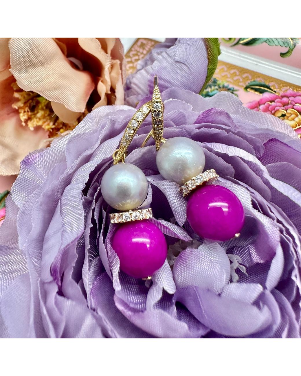 Farra Purple Freshwater Pearls With Gemstone Earrings