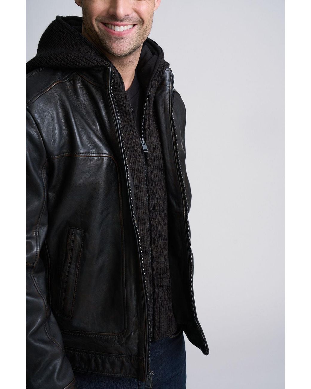 Mauritius Black Chonky Uf Contemporary Leather Jacket With Removable Hood for men