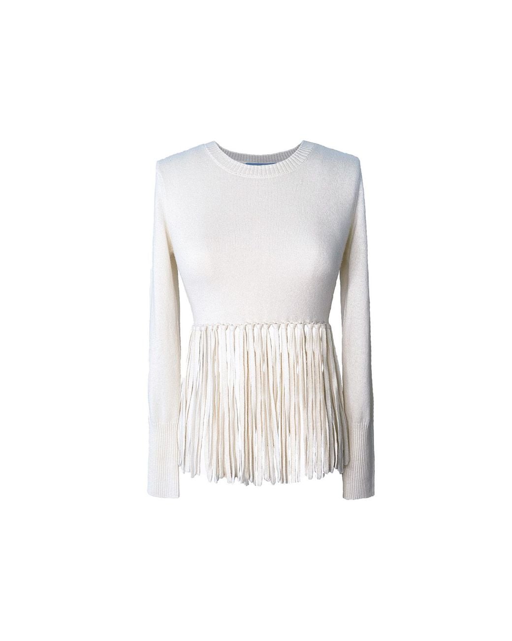 Solgo Atelier White Neutrals Mia Long Sleeve Cashmere Sweater Top With Hand Knotted Fringe Hem
