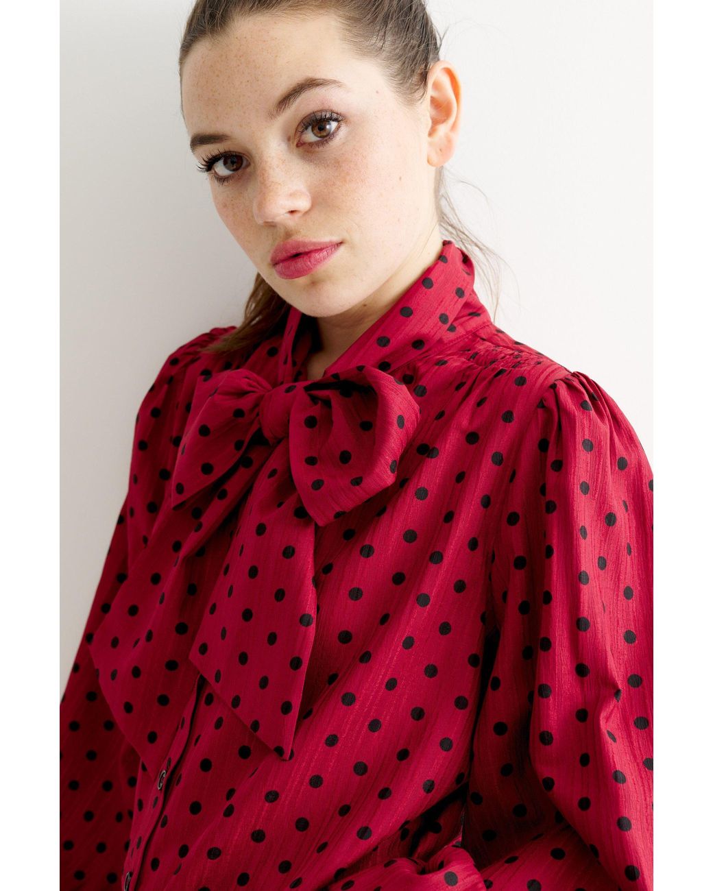 Louche Red Aditi Spot Tie Neck Blouse