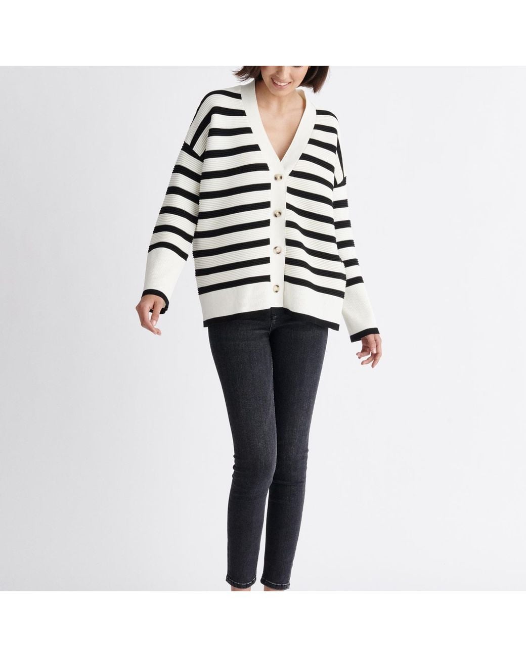 Paisie Blue Striped Ribbed Cardigan In White & Black