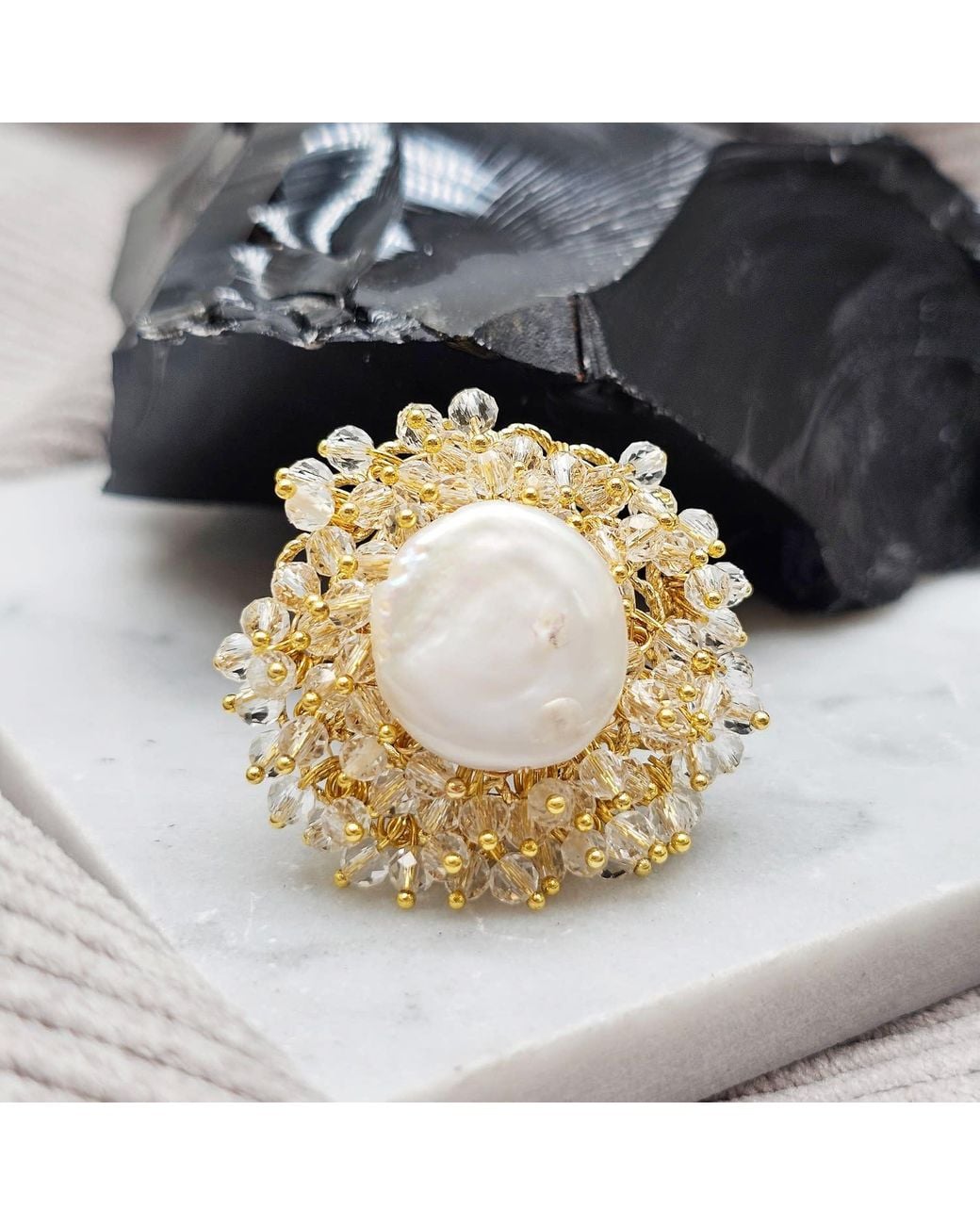 Farra Metallic Romantic Style Floral Freshwater Pearl With Crystal Cocktail Ring