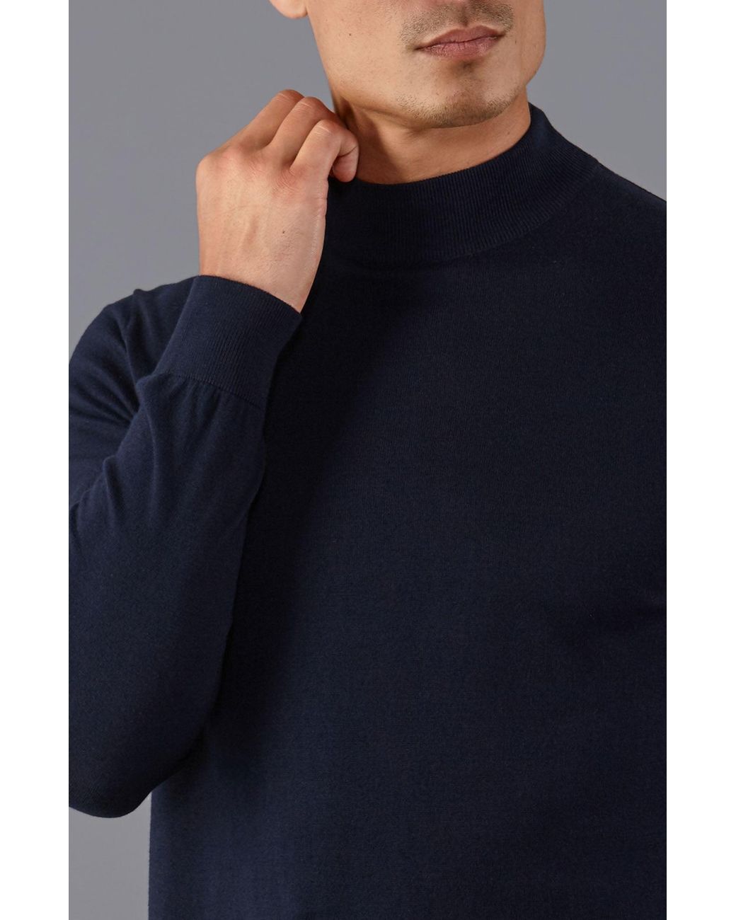 Paul James Knitwear Blue Ultra Fine Cotton Mock Turtle Neck Spencer Jumper for men
