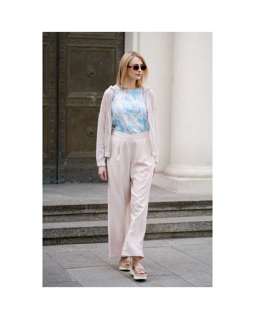 Oh!Zuza Blue Neutrals Print Top, Wide-Leg Trousers & Mesh Hoodie Set