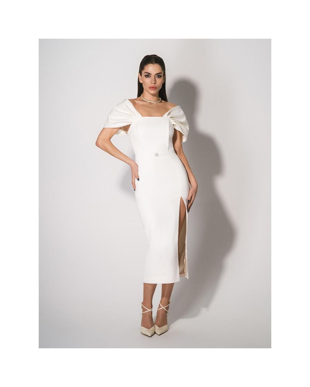 Tia Dorraine White Mirage Crystal Ornament Midi Dress, Pearl