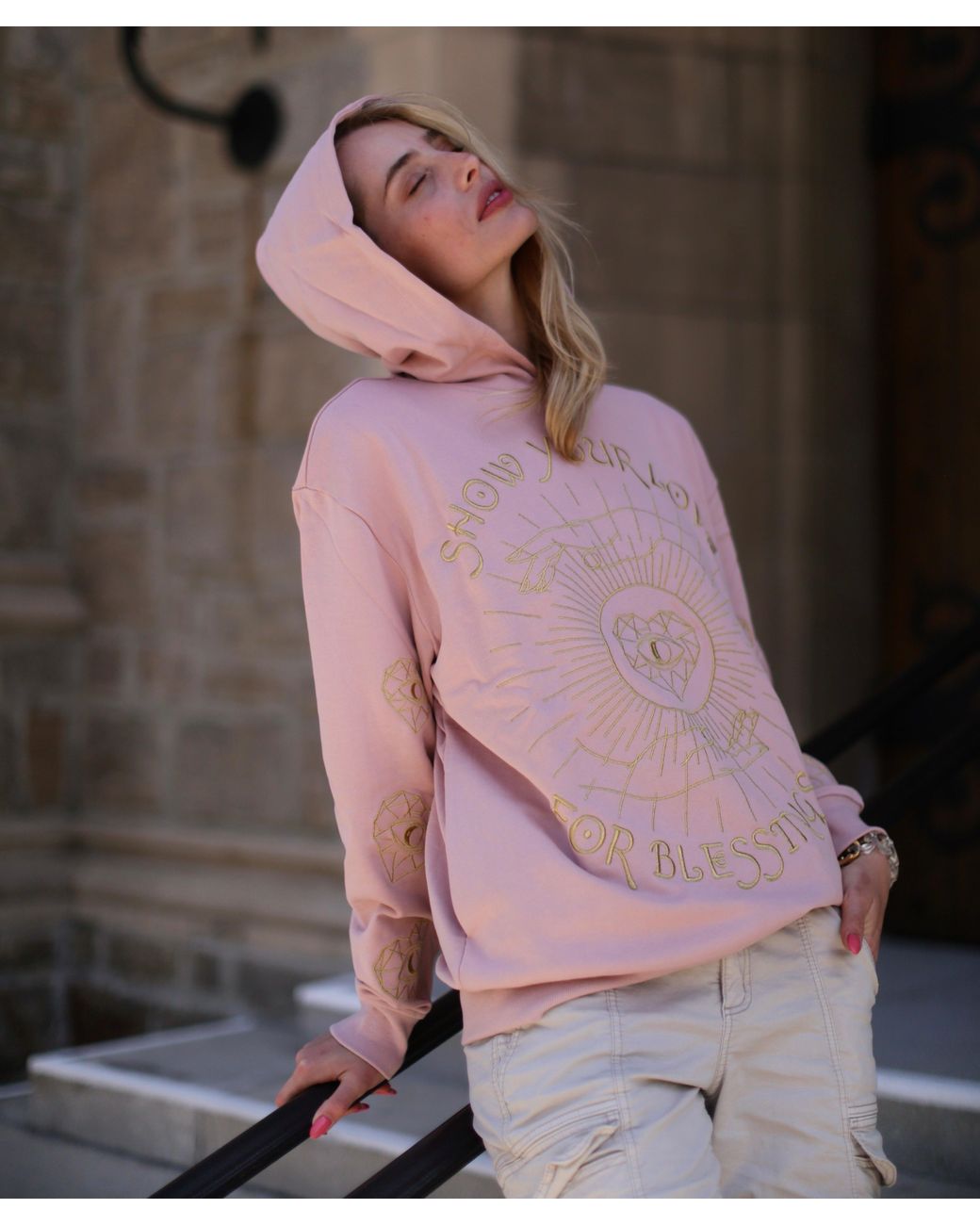 Miracles Manifester Pink Show Your Love Affirmation Embroidered Hoodie