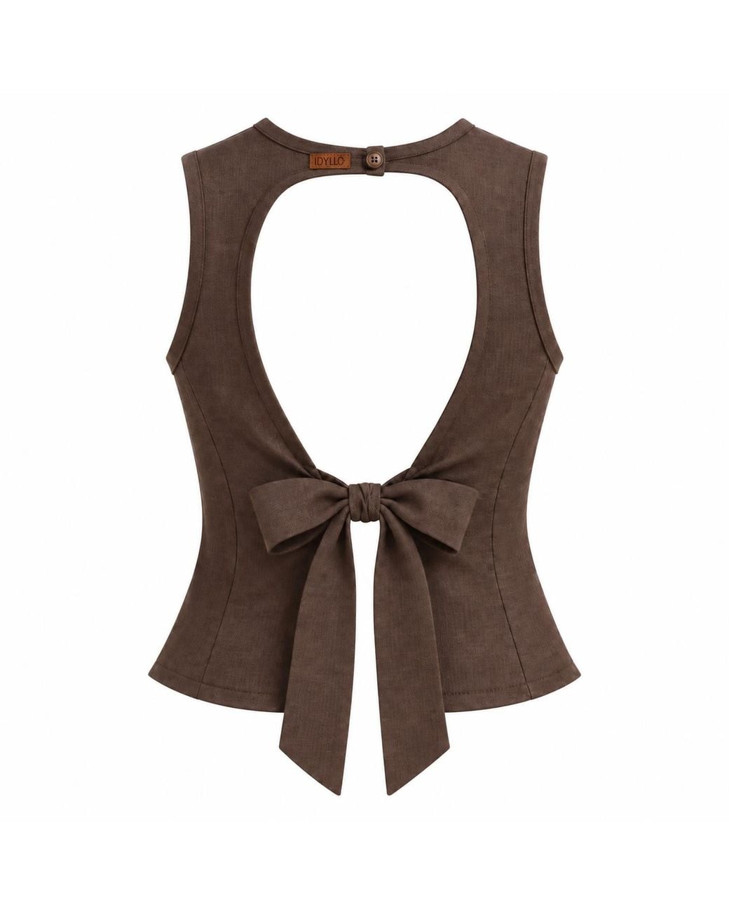 Idyllo Brown Linen Open Back Top With Tie