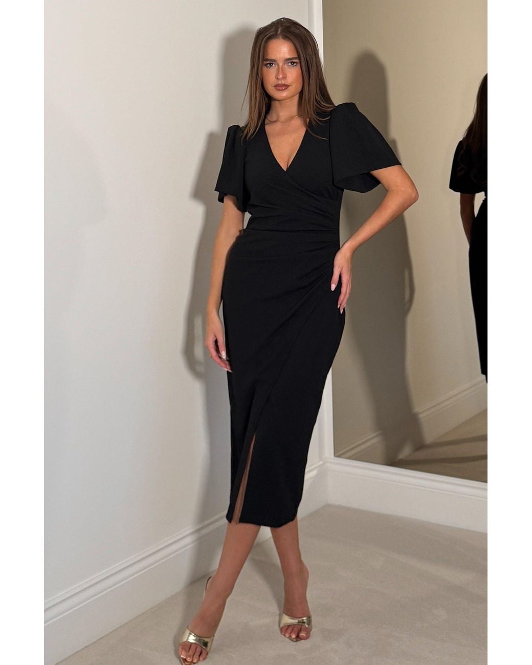 Girl In Mind Black Freya Puff Sleeve Wrap Neck Ruched Midi