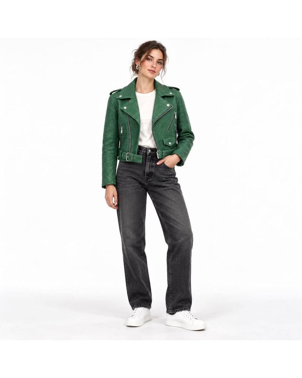 Zasta Studio Green Sea Cropped Biker Leather Jacket