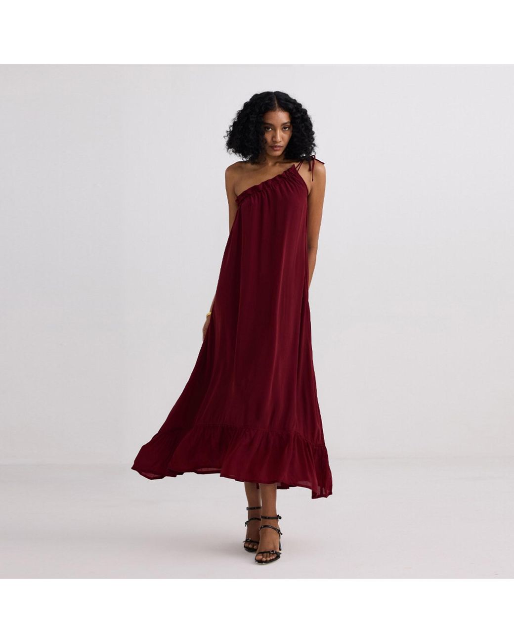 REISTOR Red One-Shoulder Midi Crepe Dress
