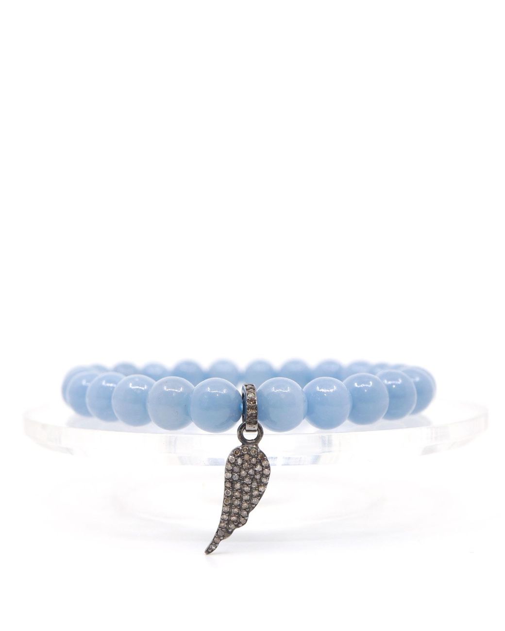 Shar Oke Blue Angelite & Angel Wing Diamond Charm Beaded Bracelet