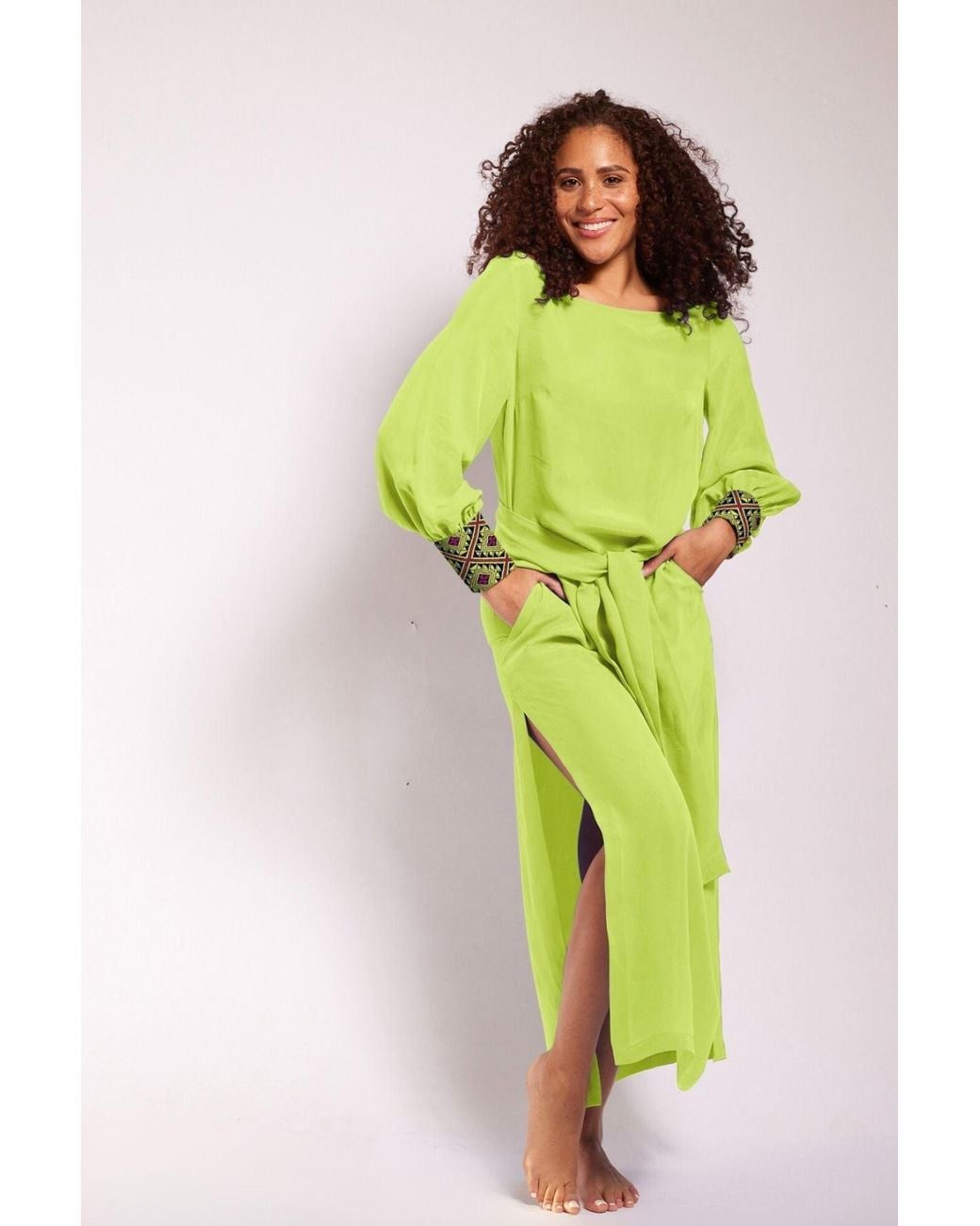 Yomisma Green Lotus Chiapas Embroidered Kaftan — Artisanal Handcrafted Resort Dress