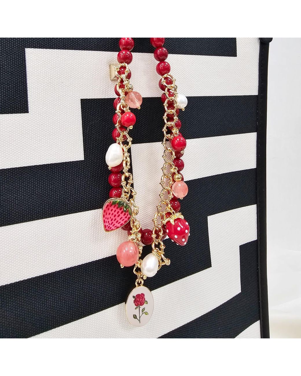 Farra Red Bamboo Coral With Strawberry And Rose Double Layers Chain Bag Charm
