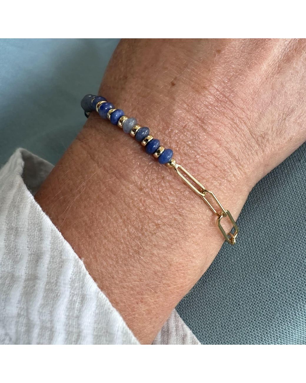 Clemence Wren Metallic Jade Stone Paperclip Bracelet