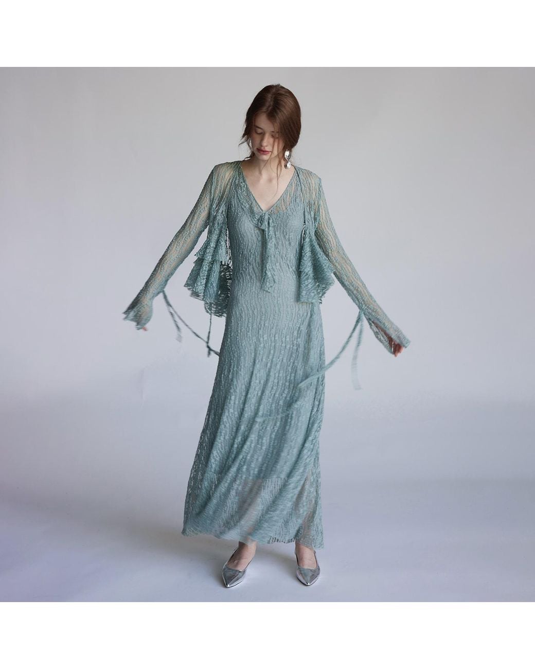 Belsize25 Blue Flared Sleeve Knitted Lace Cardigan