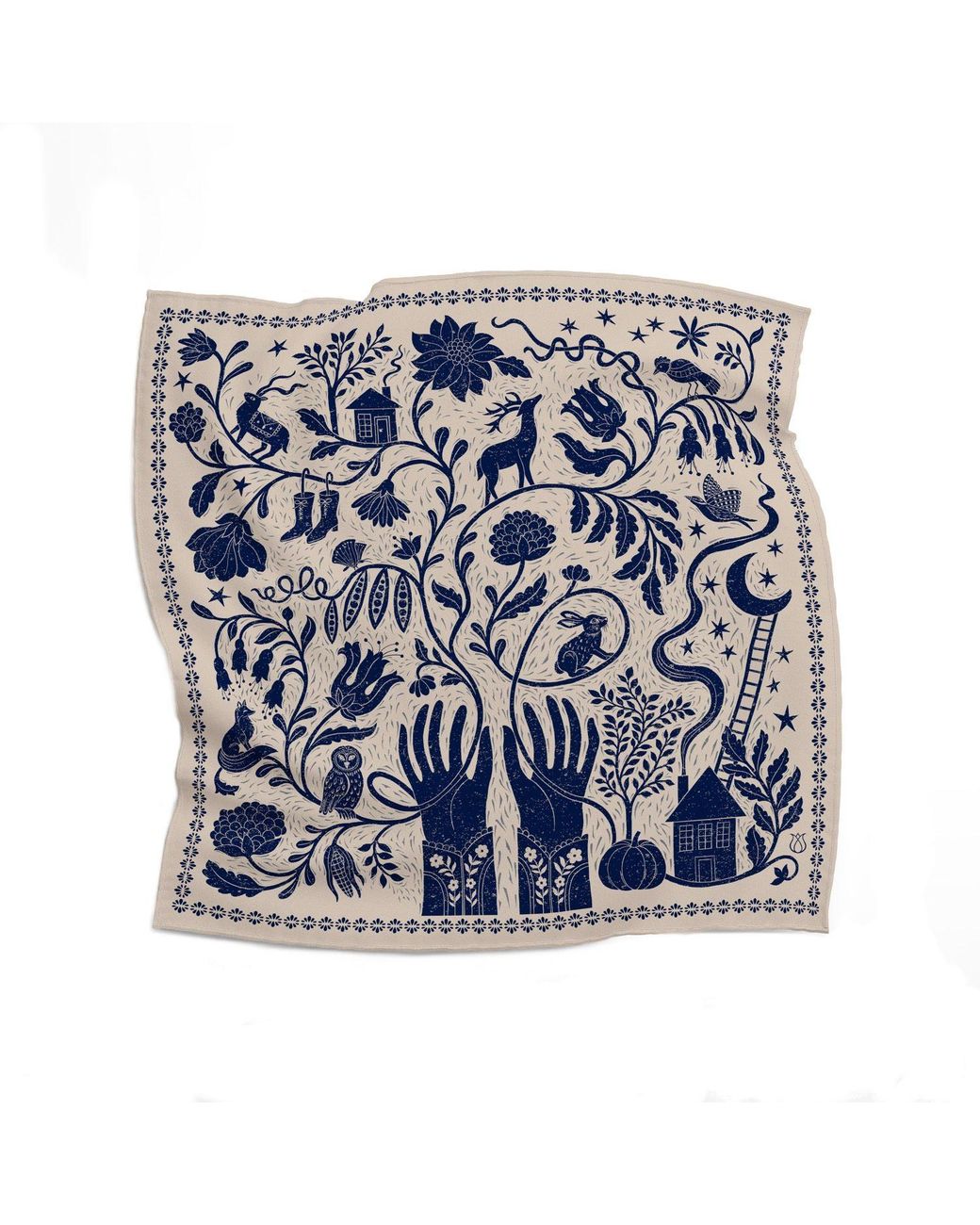 Silk&Soul Blue Neutrals Folk Motif Silk Scarf