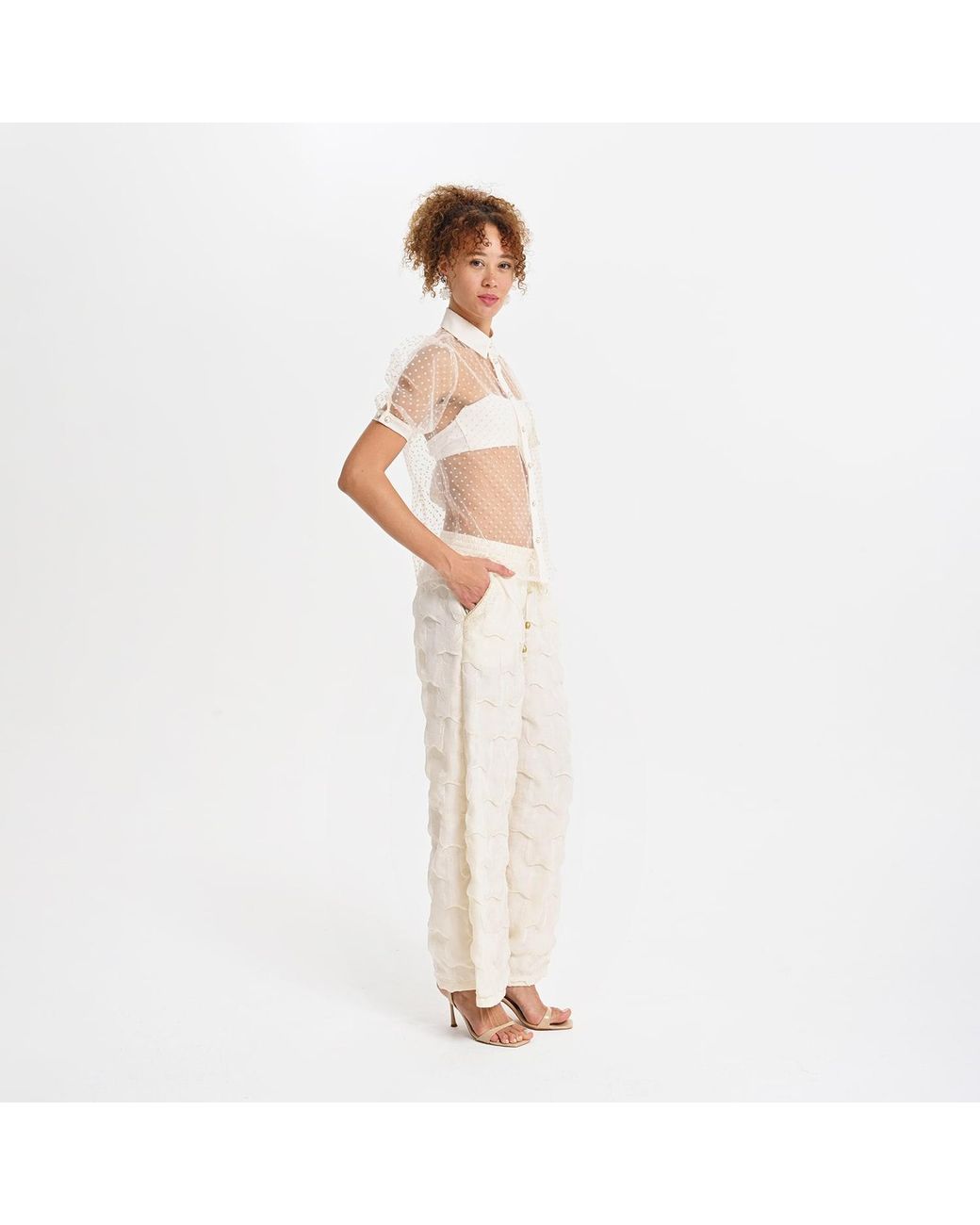 Lalipop Design Pink Neutrals Sheer Polka Dot Shirt With Floral Appliqué