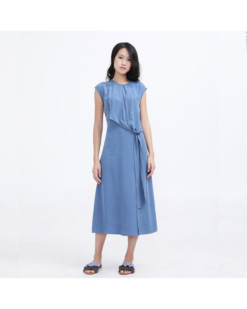 Smart and Joy Blue Cupro Draped Side Tie Midi Dress