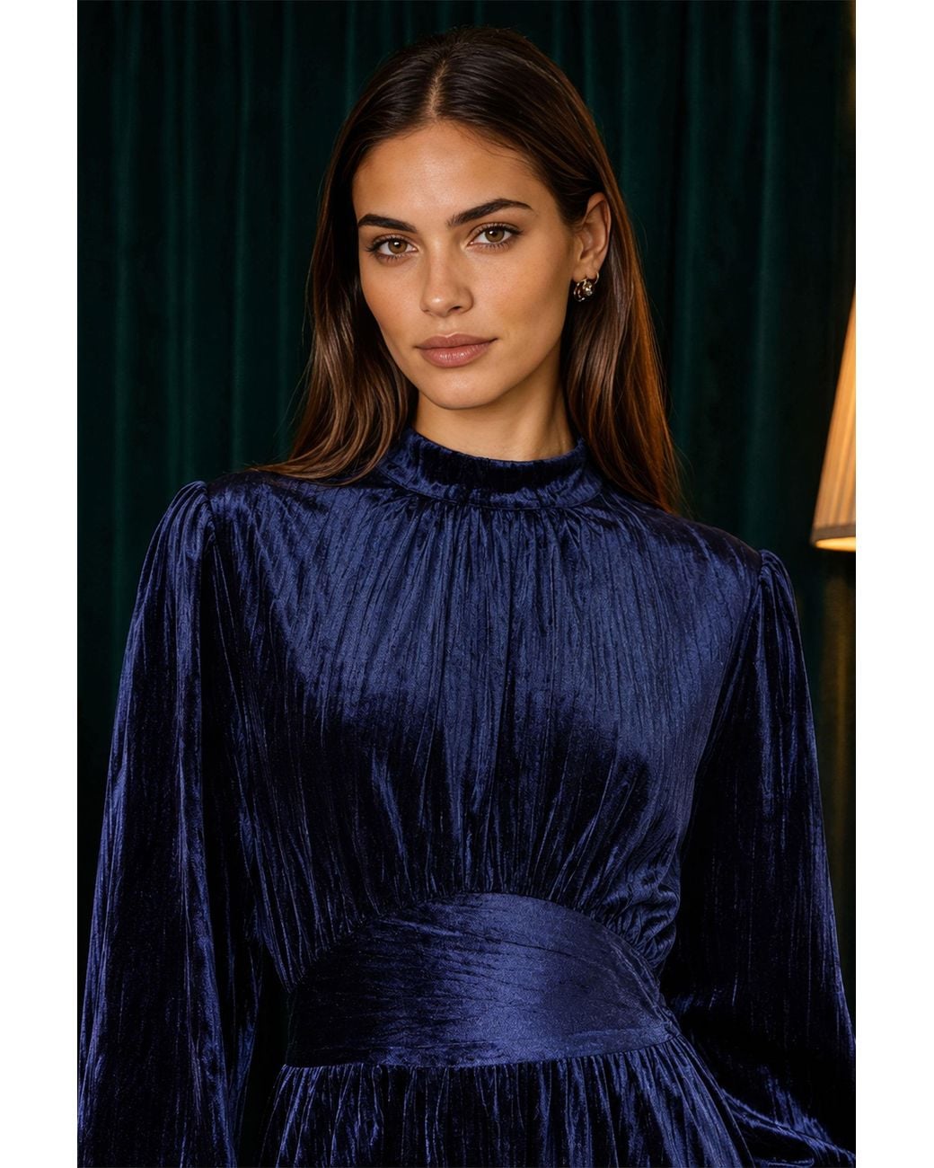 Yumi' Blue Ruched Waist Velvet Skater Dress
