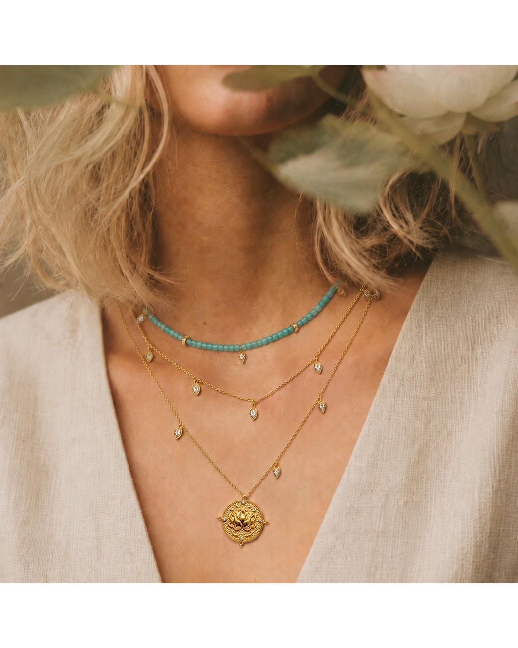 Aurozia Blue Lotus Within Vermeil Starlit Moon Amazonite Choker Necklace & Bracelet