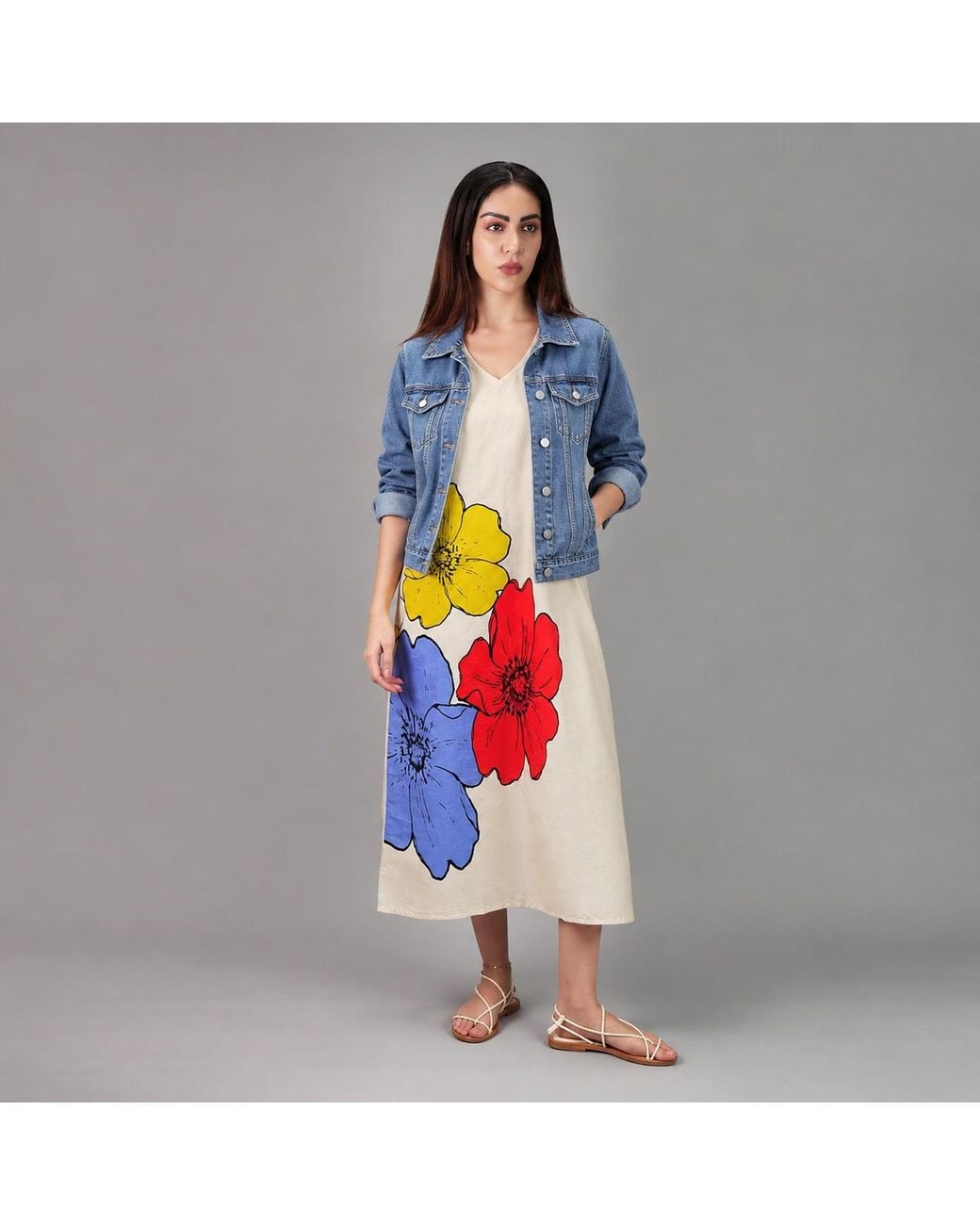 DHARA SHETH DUBAI Red No Three Floral Art Long Cotton Kaftan Dress
