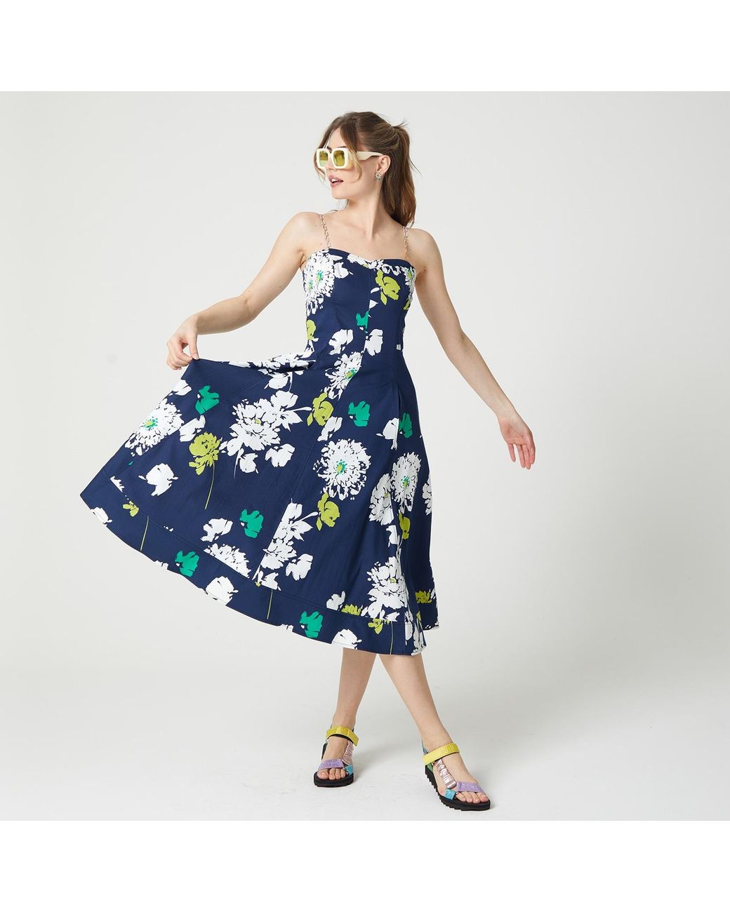 Lalipop Design Blue Two Chain-Link Shoulder Straps Midi Dress