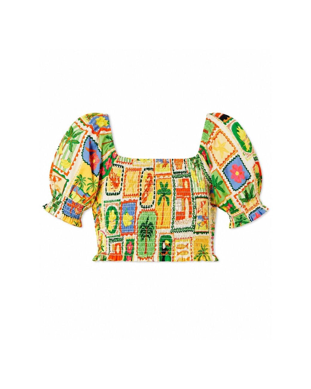 Yumi' Yellow Multicolour Cropped Shirred Cotton Postcard Print Top
