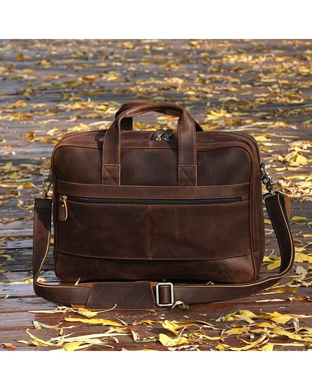 Touri Brown Genuine Leather Briefcase With Front Leather Patch for men