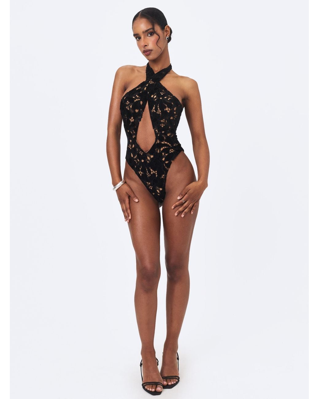 Miss Circle New York Black Breanna Velvet Lace Crossover Halter Swimsuit